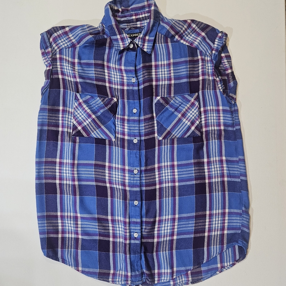 Express Sleeveless Flannel Top Womens‎ Small Blue Purple Plaid Preppy Academia
